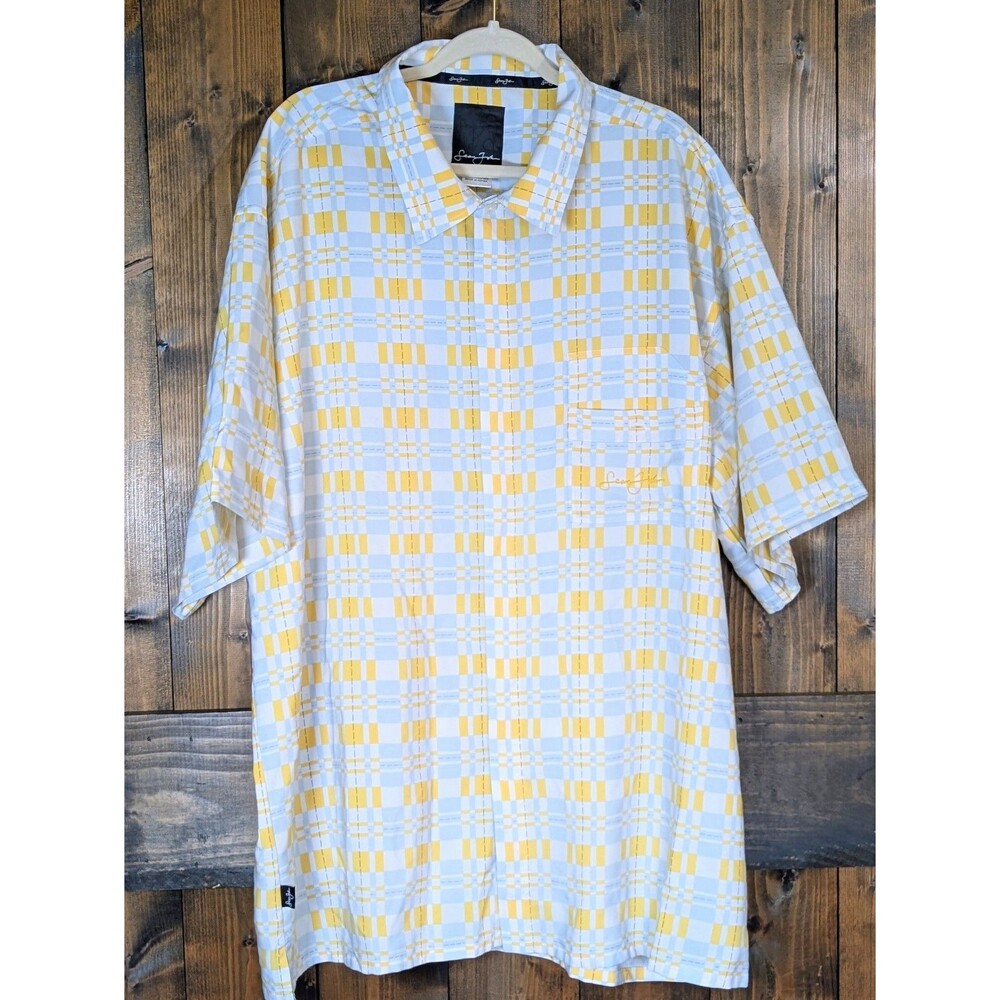 Sean John Mens 3XL Plaid Button Down Shirt Short Sleeve Yellow Blue Plaid Y2K